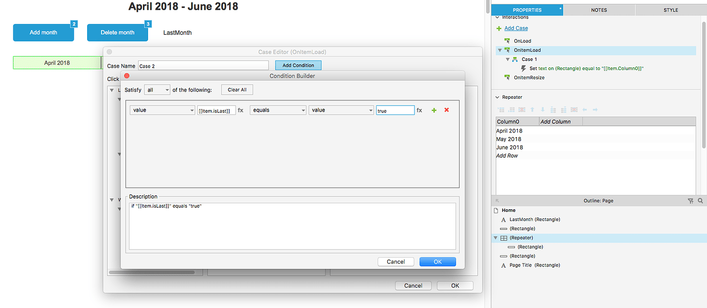 Set text on widget Repeater Item.isFirst + Item.isLast Axure RP 8